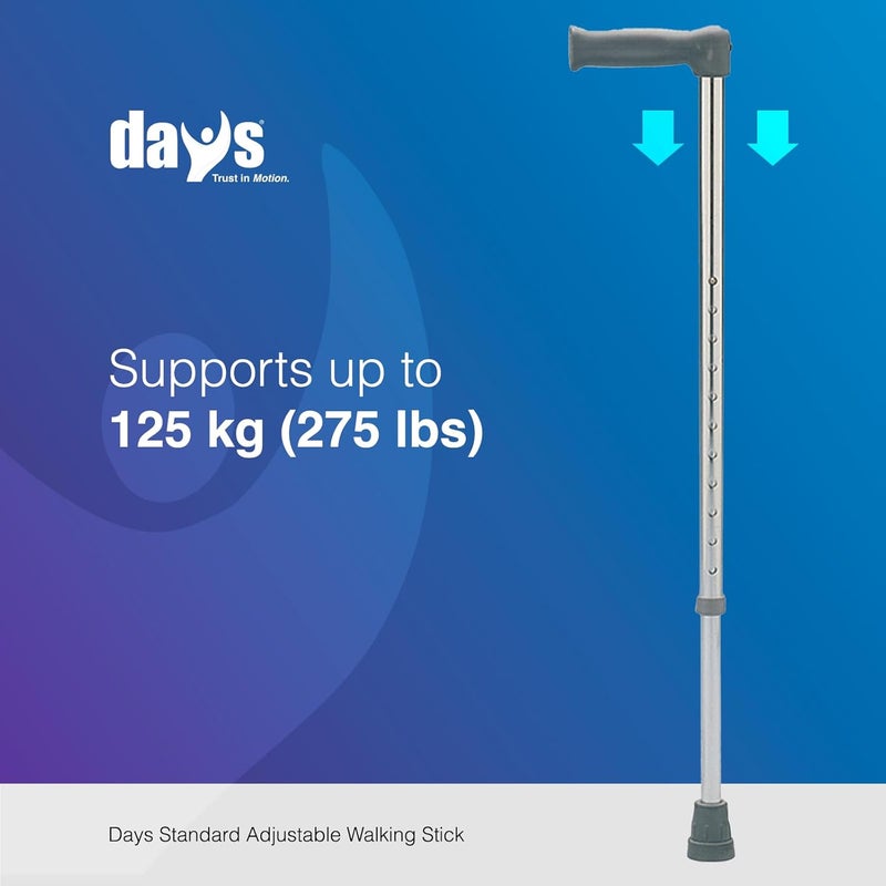 Days Standard Walking Stick Adjustable Aluminium Walking Aid for Seniors Men Women Lightweight Mobility Support Comfortable Ergonomic Grip NonSlip Rubber Tip Height Adjustable Silver - Image 4