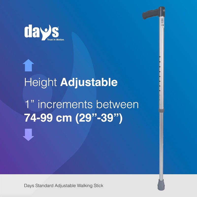 Days Standard Walking Stick Adjustable Aluminium Walking Aid for Seniors Men Women Lightweight Mobility Support Comfortable Ergonomic Grip NonSlip Rubber Tip Height Adjustable Silver - Image 2