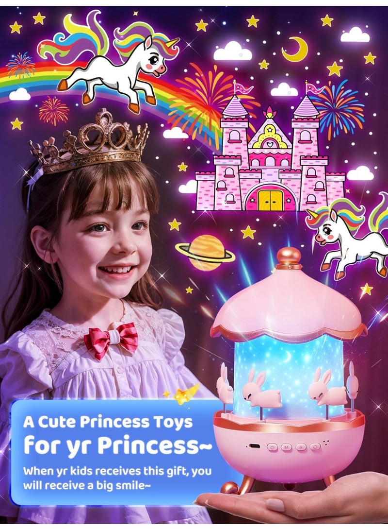 جهاز عرض ضوء ليلي دوّار للأطفال بتصميم الكاروسيل، مزود بـ 15 موسيقى و15 فيلم و315 نمط إضاءة، إضاءة نجوم وسقف دوارة 360 درجة مع ريموت و مؤقت، بطارية قابلة للشحن 1200 مللي أمبير، مصباح نجوم وغرفة نوم للأطفال، ألعاب يونيكورن للبنات، مصباح ليلي للأطفال يساعد على النوم، مثالي للهدايا والمناسبات وأعياد الميلاد - Image 2