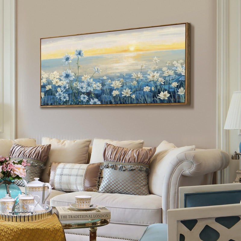 amatop Large Framed Wall Art for Living Room Bedroom Office Decor, Modern Beach Canvas Wall Art Coastal Ocean Nature Blue Artwork Floral Sunrise/Sunset Zen Landscape Flower Wall Picture 48"x24" - Image 3