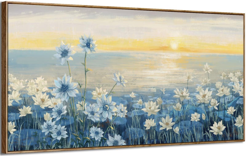 amatop Large Framed Wall Art for Living Room Bedroom Office Decor, Modern Beach Canvas Wall Art Coastal Ocean Nature Blue Artwork Floral Sunrise/Sunset Zen Landscape Flower Wall Picture 48"x24" - Image 1
