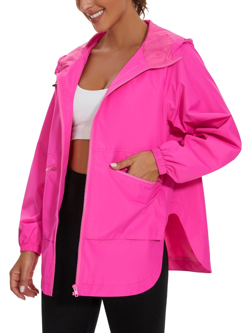 PESION Women's Pink Rain Jacket Plus Size Long Raincoat Lightweight Hooded Windbreaker Waterproof Jackets with Pockets, Hot Pink, Large - Image 1