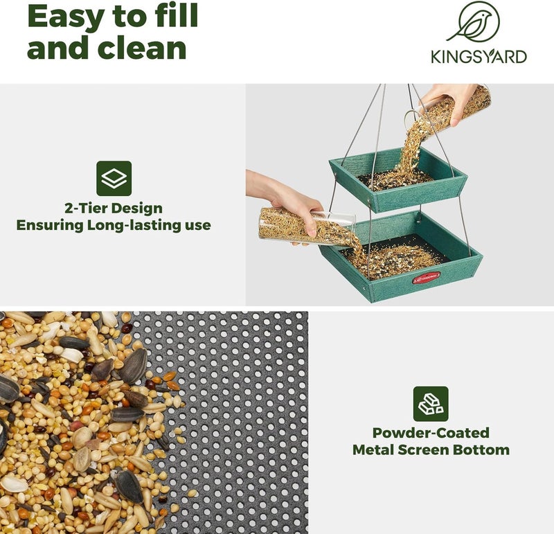 Kingsyard منصة Kingsyard لتغذية الطيور بالديدان للخارج، مغذيات الطيور المعلقة ذات الطابقين المصنوعة من البلاستيك المعاد تدويره بسعة كبيرة 5 أرطال، جودة ممتازة ومتينة، رائعة لجذب الطيور البرية، باللون الأخضر - Image 3