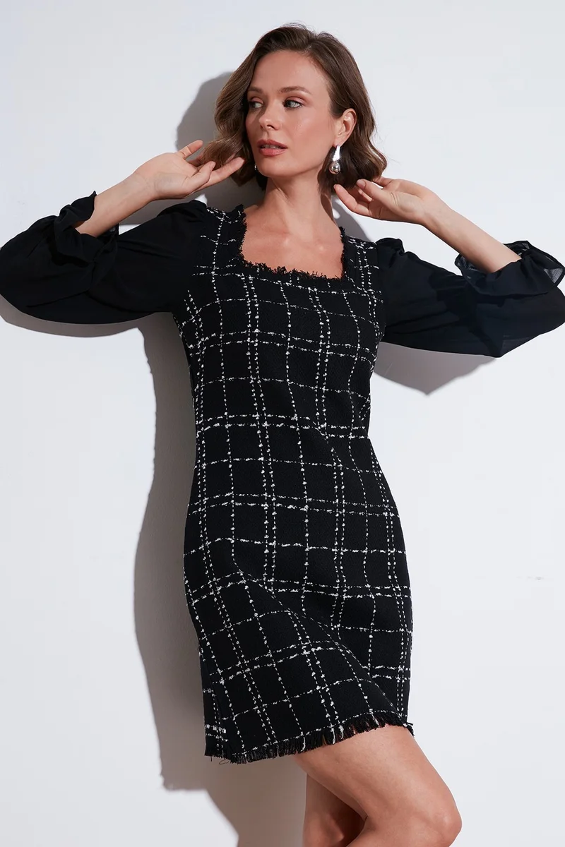 ليلا Regular Fit Square Neck Balloon Chiffon Sleeve Mini Dress Women's Dress 611EL0532