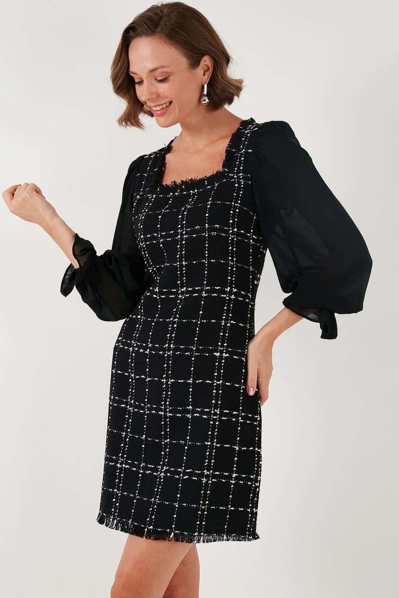 ليلا Regular Fit Square Neck Balloon Chiffon Sleeve Mini Dress Women's Dress 611EL0532