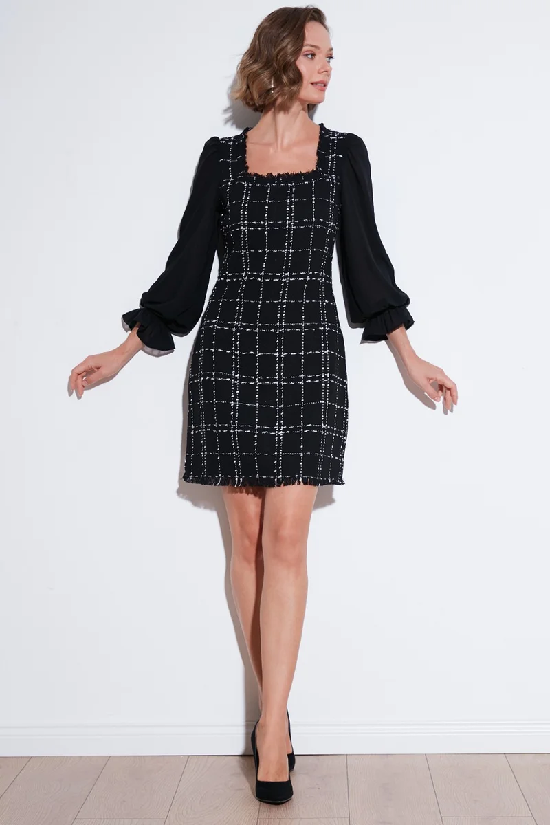 ليلا Regular Fit Square Neck Balloon Chiffon Sleeve Mini Dress Women's Dress 611EL0532