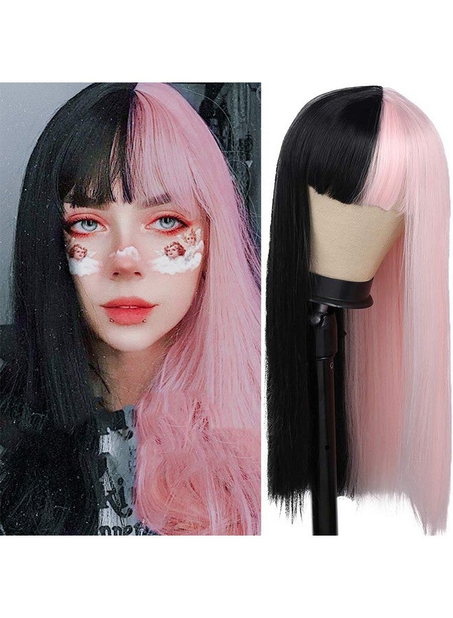 Kaneles Pink Black Half Women Wigs With Bangs Soft Natural Synthetic Fibre Hair Wigs For Women Cosplay Party Costume Use - Image 1