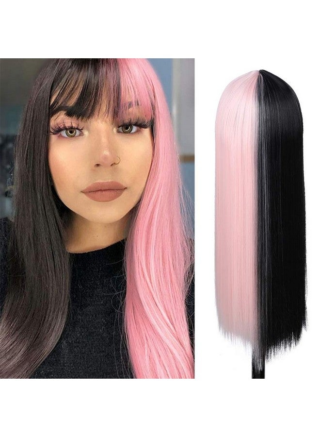 Kaneles Pink Black Half Women Wigs With Bangs Soft Natural Synthetic Fibre Hair Wigs For Women Cosplay Party Costume Use - Image 2