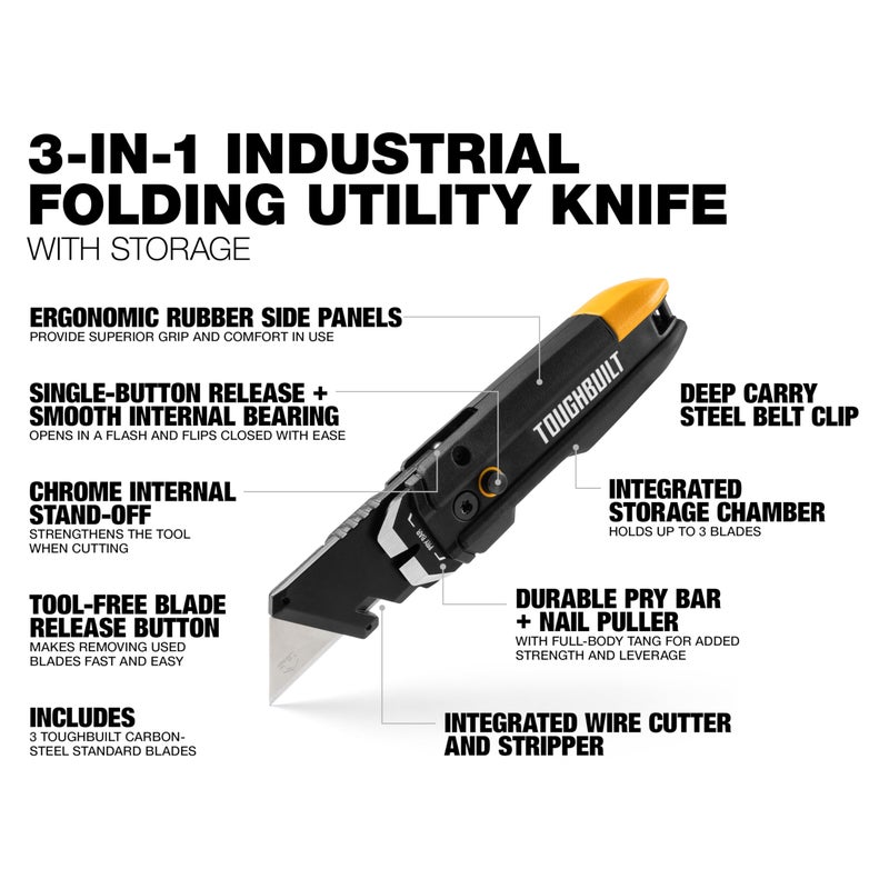 ToughBuilt â€“ Prybar Utility Knife with Blade Storage, Heavy-Duty Folding Utility Knife with Built-In Prybar, Scraper Edge, Wire Cutter, Internal Blade Storage, All-Metal Construction (TB-H4-12-IST) - Image 3