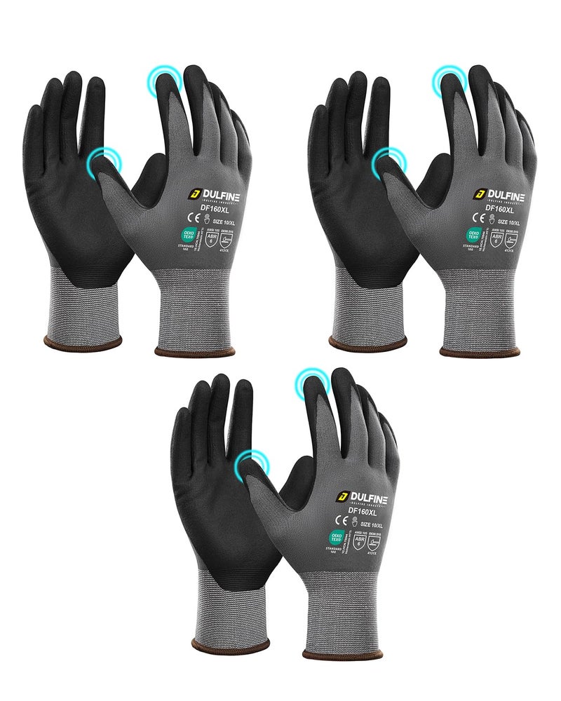 DULFINE Safety Work Gloves MicroFoam Nitrile Coated-3 Pairs Pack,Seamless Knit Nylon Glove with Black Micro-Foam Nitrile Grip,Ideal for General Purpose,Automotive,Home Improvement,Painting(Extra Large) - Image 1