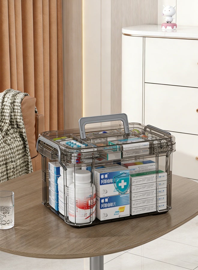 2-Layer Large Capacity Transparent Home Medicine Storage Box,Pill Box With Portable Handle Medicine Box First Aid Kit,Medical Classification Storage Medicine Box，Suitable For Home, Travel, Office Daily Medicine Storage(Transparent Gray) - Image 1