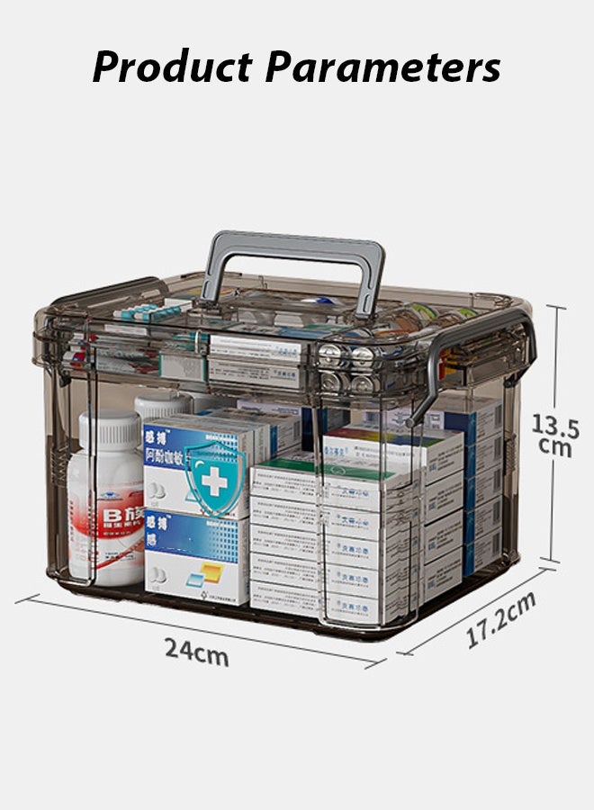 2-Layer Large Capacity Transparent Home Medicine Storage Box,Pill Box With Portable Handle Medicine Box First Aid Kit,Medical Classification Storage Medicine Box，Suitable For Home, Travel, Office Daily Medicine Storage(Transparent Gray) - Image 2