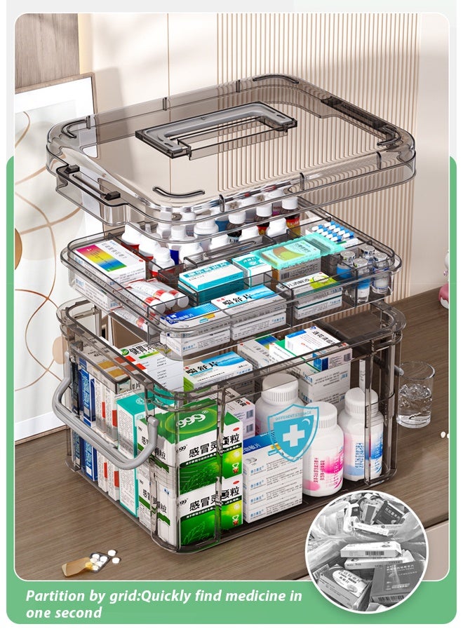 2-Layer Large Capacity Transparent Home Medicine Storage Box,Pill Box With Portable Handle Medicine Box First Aid Kit,Medical Classification Storage Medicine Box，Suitable For Home, Travel, Office Daily Medicine Storage(Transparent Gray) - Image 5