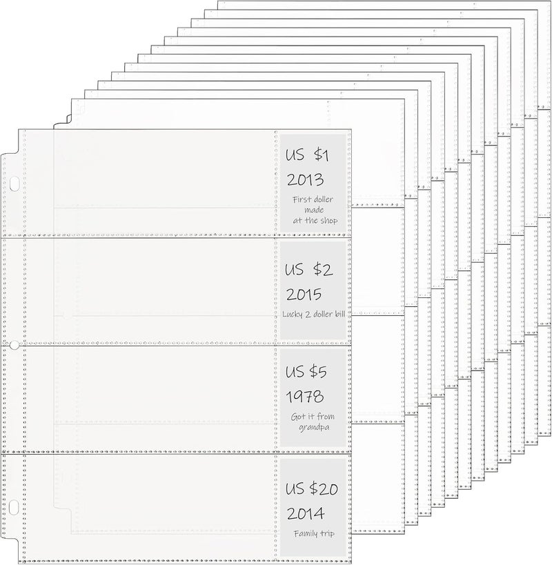 Chengu 4 Pocket Currency Sleeves for 3 Ring Binder Clear Currency Pages Dollar Bill Holders for Collection Binder Plastic Sheet Protectors for Bill Collectors Receipts Record Card Banknote(48 Pcs) - Image 1