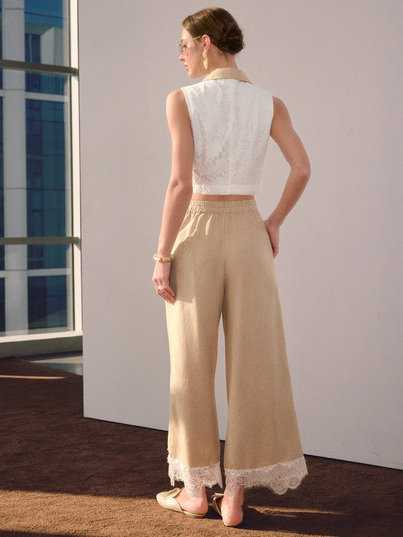 Simplee Sleeveless Blazer Crop Top & Khaki Wide Leg Trousers Set, Double Breasted Waist Design, Lace Trim Hem