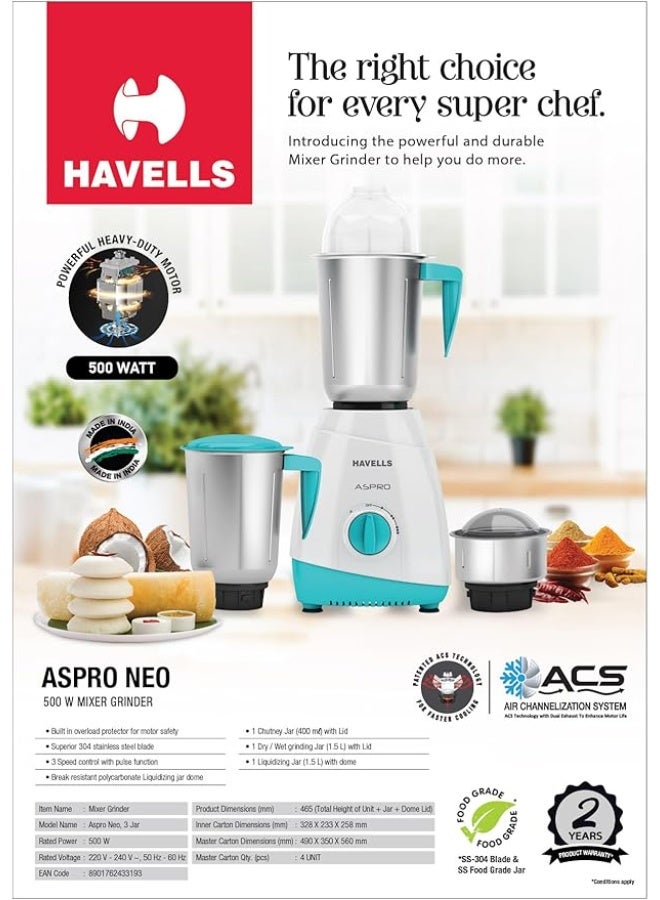 Havells Havells Aspro Neo 500 W Mixer Grinder– 3 Stainless Steel Jars (1.5 L, 1.5 L, 0.4 L), ACS Cooling, Overload Protector  - Image 3