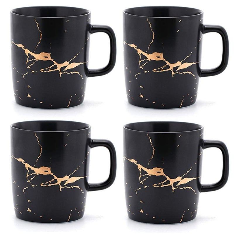 Coffeezone 12 oz Matte Ceramic Marble Tea Coffee Mugs Luxury Gold Inlay Black 4 Mugs Gold Marble