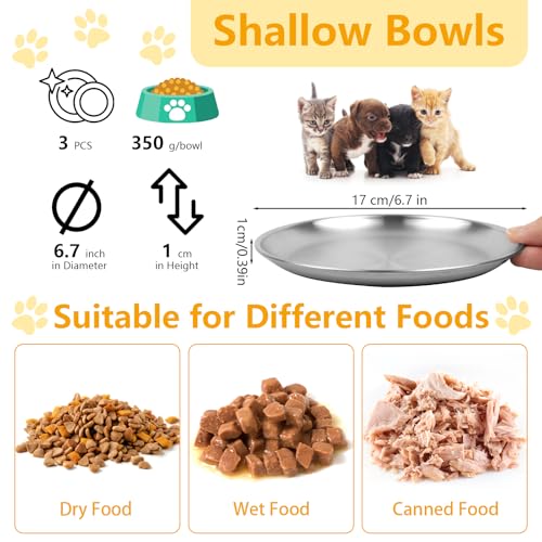 Mkobon 3 PCS Stainless Steel Cat Food Bowl Dish, 6.7" Shallow Flat Wide Cat Plates for Wet Food, Relief Whisker Fatigue, Removable Non-Slip Silicone Base, Replacement for Feeding Small Pet Kitten - Image 2