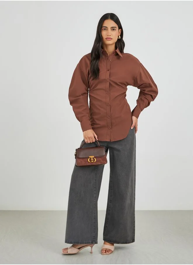 ستايلي Styli Solid Slim Waist with Gathered Detail Shirt