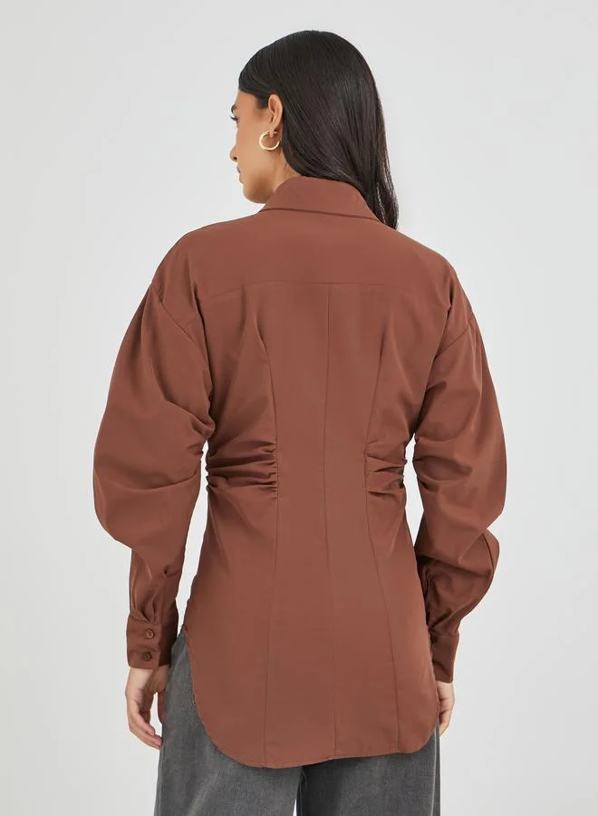 Styli Brown Solid Slim Waist with Gathered Detail Shirt for Women | Best Price UAE