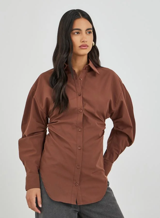 Styli Brown Solid Slim Waist with Gathered Detail Shirt for Women | Best Price UAE