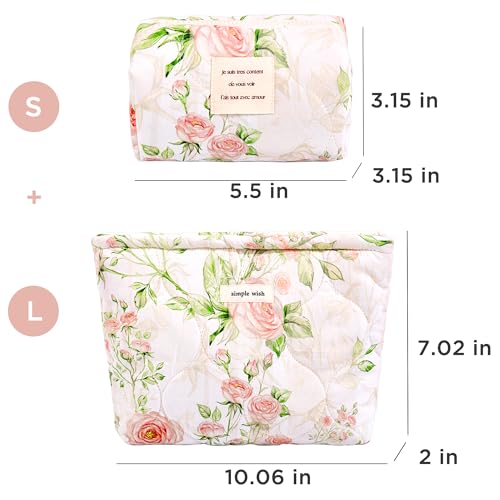 Sminra 2 Pcs Floral Makeup Bag Large Travel Cotton Quilted Cosmetic Makeup Bag Organizer Cute Coquette Aesthetic Zipper Portable Pouch Purse Storage Toiletry Bag for Women Girls accessories - Image 3