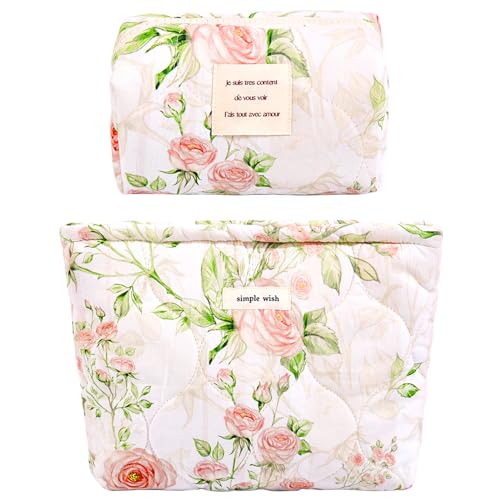 Sminra 2 Pcs Floral Makeup Bag Large Travel Cotton Quilted Cosmetic Makeup Bag Organizer Cute Coquette Aesthetic Zipper Portable Pouch Purse Storage Toiletry Bag for Women Girls accessories - Image 1