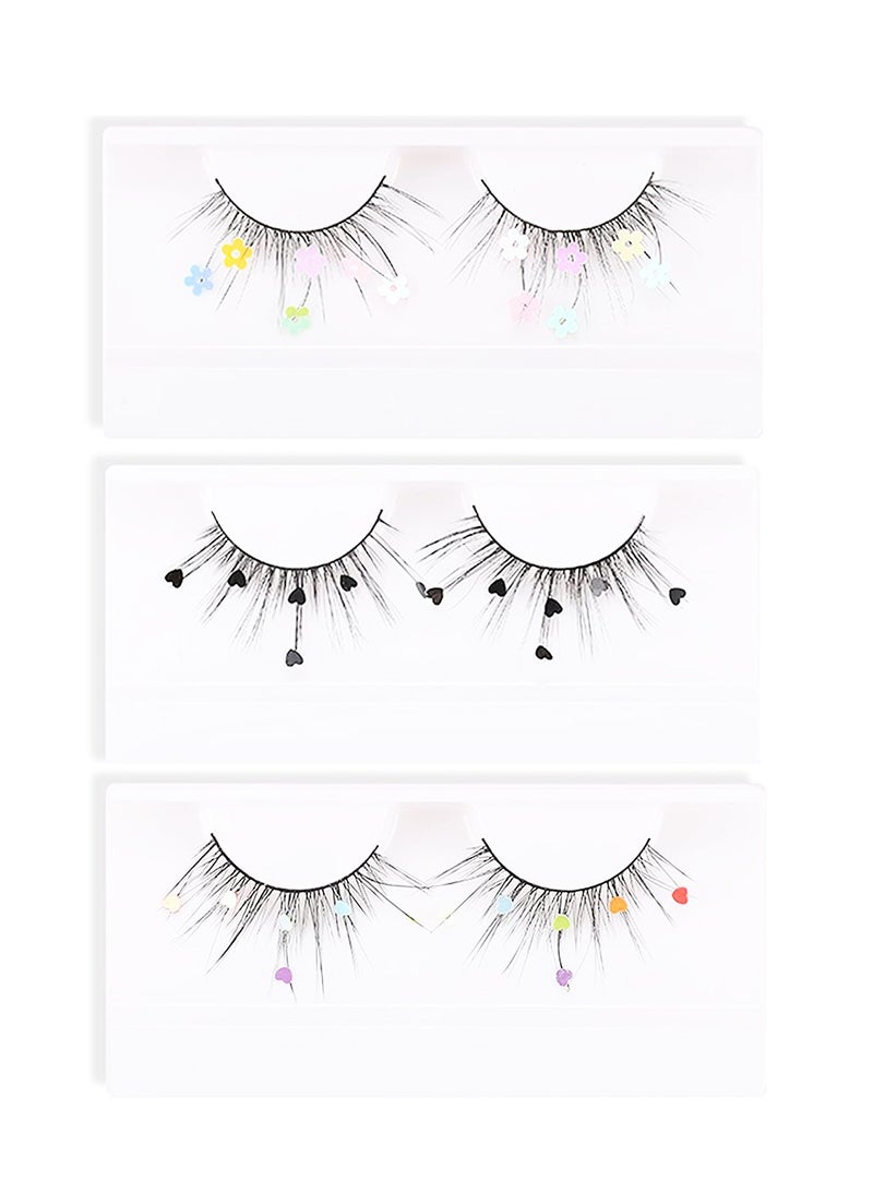 3D Fluffy False Eyelashes with Heart Sequins, Reusable Wispy Lashes for Daily Makeup, Parties, Weddings and Cosplay (3 Pairs) - Image 1