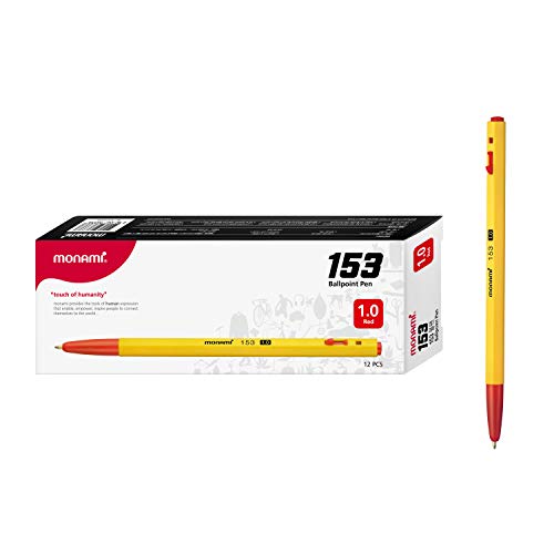 MONAMI BP 153 Retractable Ballpoint Pen, Medium Point (1.0mm), Red, 12-Count - Image 1