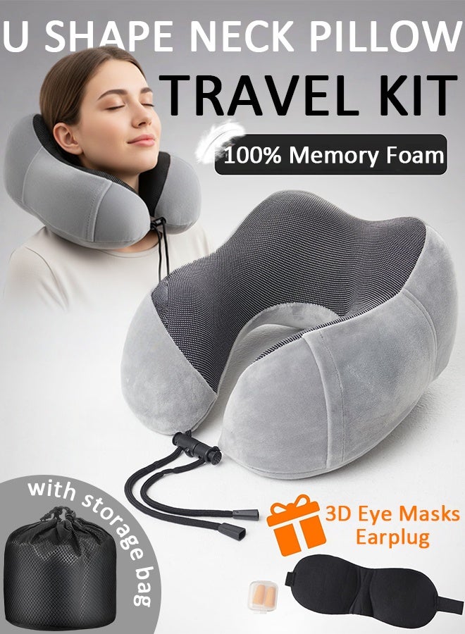 وسادة سفر 100% وسادة رقبة من إسفنج الذاكرة للسفر، وسادة دعم للرقبة والرأس للنوم والراحة في السيارة، وسادة رقبة على شكل حرف U طقم سفر وسادة طيران محمولة مع أقنعة عين ثلاثية الأبعاد وسدادة أذن للطائرة والقطار والسيارة والمكتب المنزلي - رمادي - Image 1