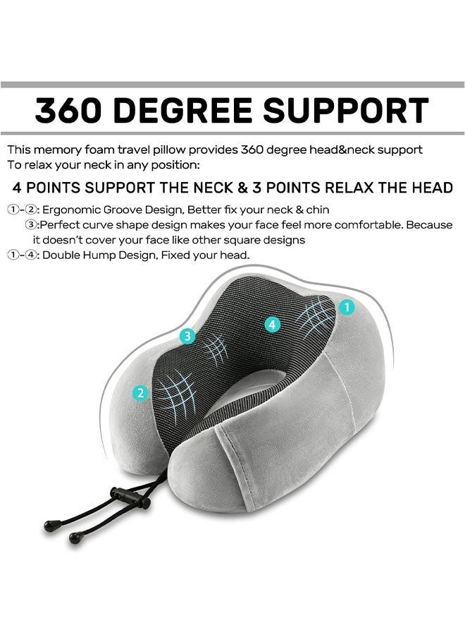 وسادة سفر 100% وسادة رقبة من إسفنج الذاكرة للسفر، وسادة دعم للرقبة والرأس للنوم والراحة في السيارة، وسادة رقبة على شكل حرف U طقم سفر وسادة طيران محمولة مع أقنعة عين ثلاثية الأبعاد وسدادة أذن للطائرة والقطار والسيارة والمكتب المنزلي - رمادي - Image 4