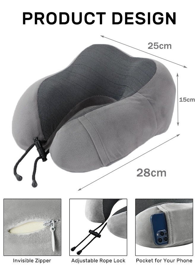 وسادة سفر 100% وسادة رقبة من إسفنج الذاكرة للسفر، وسادة دعم للرقبة والرأس للنوم والراحة في السيارة، وسادة رقبة على شكل حرف U طقم سفر وسادة طيران محمولة مع أقنعة عين ثلاثية الأبعاد وسدادة أذن للطائرة والقطار والسيارة والمكتب المنزلي - رمادي - Image 2