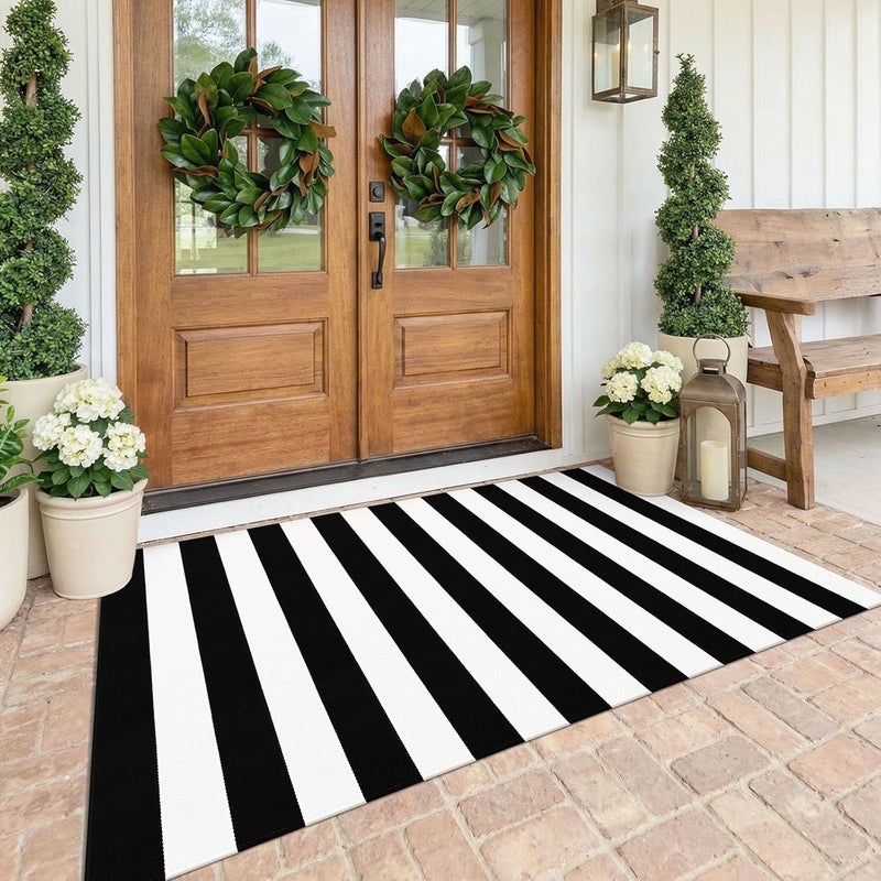 KOZYFLY Black and White Striped Rug 4ft x 72 Inch Cotton Woven Washable Retro Grid Stripe Outdoor Rug Farmhouse Living Room Dining Bedroom Rugs - Image 1