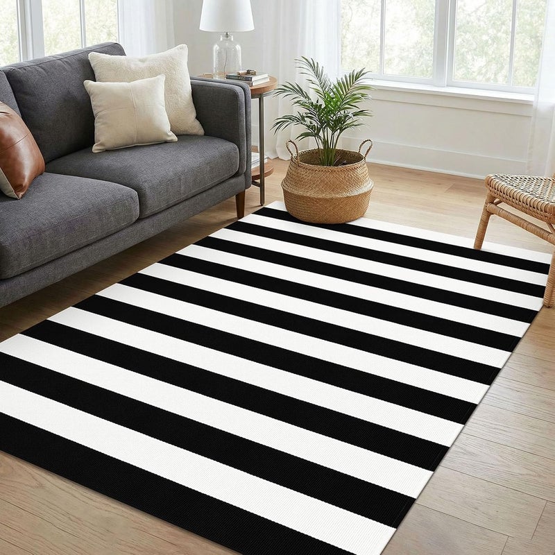 KOZYFLY Black and White Striped Rug 4ft x 72 Inch Cotton Woven Washable Retro Grid Stripe Outdoor Rug Farmhouse Living Room Dining Bedroom Rugs - Image 2