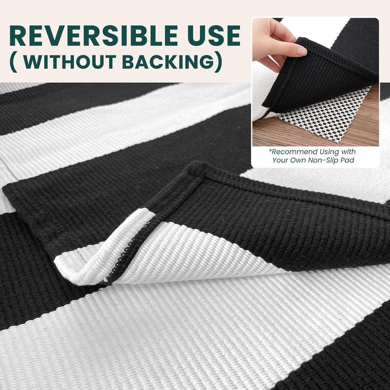 KOZYFLY Black and White Striped Rug 4ft x 72 Inch Cotton Woven Washable Retro Grid Stripe Outdoor Rug Farmhouse Living Room Dining Bedroom Rugs - Image 4