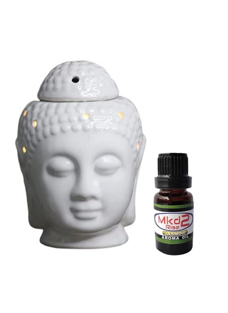 Mkd2 Rise Mkd2 Rise Ceramic Electric Diffuser Oil Burner Buddha Shape with 10 ml Jasmine Aroma Oil for Fragrance White 55 inch  - Image 1