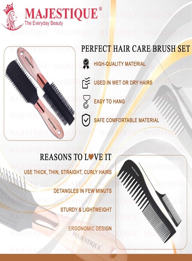 MAJESTIQUE Hair Brush Set 4-Piece Collection - Flat, Round, Tail Comb & Wide Tooth Comb - Ideal for Women & Men, Great on Wet or Dry Hair - Gray/Black - Image 4