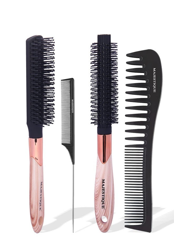 MAJESTIQUE Hair Brush Set 4-Piece Collection - Flat, Round, Tail Comb & Wide Tooth Comb - Ideal for Women & Men, Great on Wet or Dry Hair - Gray/Black - Image 1