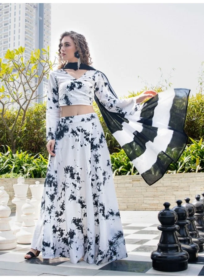 AKS White Tie & Dye Lehenga Choli Set With Dupatta