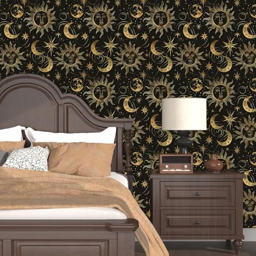 Laatse Black Peel and Stick Removable Vintage Wallpaper Gold Celestial Sun Moon Star Contact Paper 175 x 118 Dark Boho Mural Waterproof for Wall Bedroom Kitchen Bathroom Cabinet Room Decor - Image 3