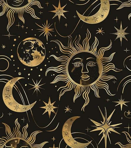 Laatse Black Peel and Stick Removable Vintage Wallpaper Gold Celestial Sun Moon Star Contact Paper 175 x 118 Dark Boho Mural Waterproof for Wall Bedroom Kitchen Bathroom Cabinet Room Decor - Image 1