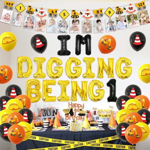 Balterever Construction 1st Birthday Party Decoration for Boys Im Digging Being 1 Birthday Decor Dump Truck Decors for 1 Year Old Boys with Construction Bday Photo Banner Cake Topper High Chair Banner - Image 5