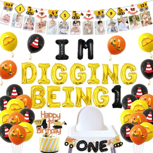 Balterever Construction 1st Birthday Party Decoration for Boys Im Digging Being 1 Birthday Decor Dump Truck Decors for 1 Year Old Boys with Construction Bday Photo Banner Cake Topper High Chair Banner - Image 1