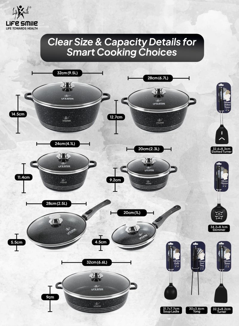 Life Smile Nonstick Cookware Set 19 Pcs Cookwares –Energy Saver Pots and Pans Set – Granite Coating Cooking Pots Set Includes 32 cm x 9.5 L Casserole with Lid, 28 cm x 6.7 L Casserole with Lid, 24 cm x 4.1 L Casserole with Lid, 20 cm x 2.3 L Casserole with Lid, 28 cm x 2.5 L Fry Pan, 20 cm x 1 L Fry Pan, 32 cm x 6.6 L Shallow Pot with Lid & Silicone Utensils - Image 3