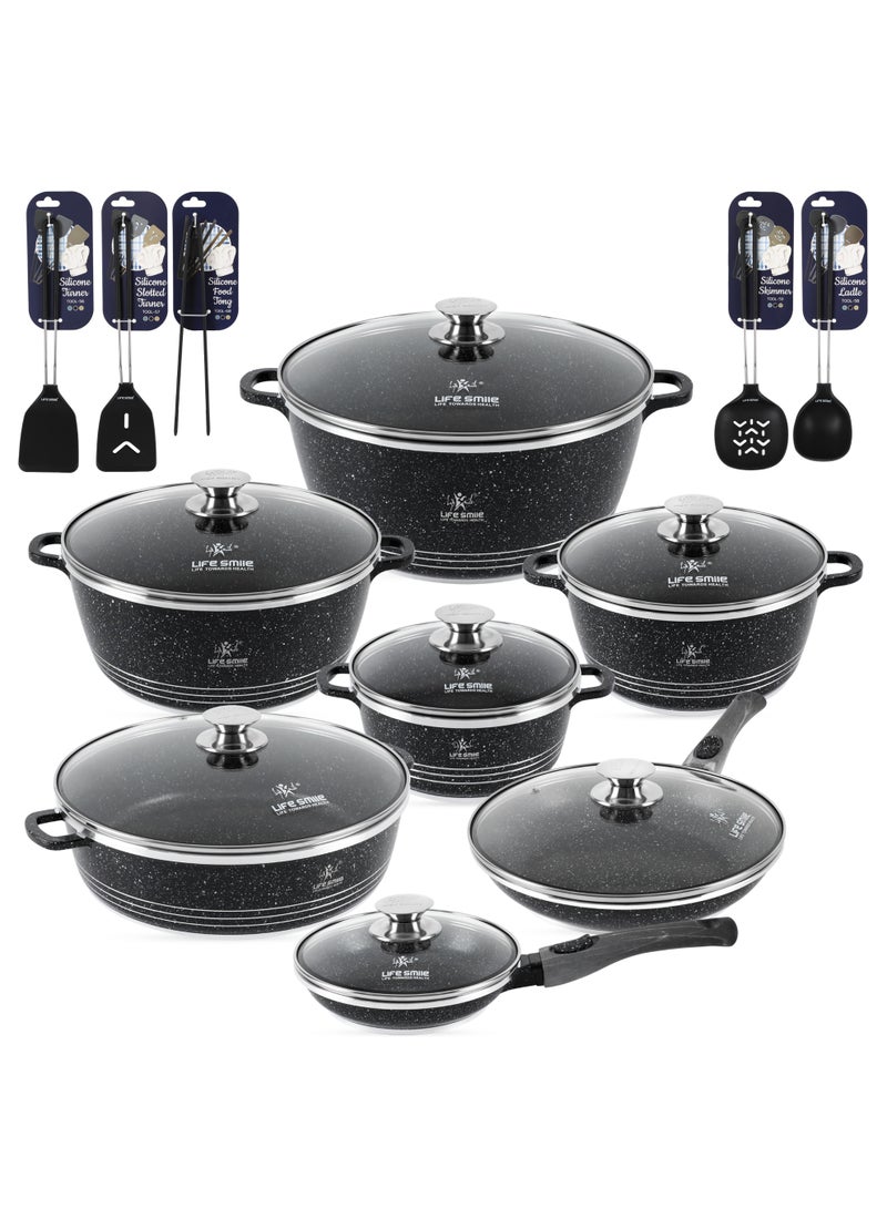Life Smile Nonstick Cookware Set 19 Pcs Cookwares –Energy Saver Pots and Pans Set – Granite Coating Cooking Pots Set Includes 32 cm x 9.5 L Casserole with Lid, 28 cm x 6.7 L Casserole with Lid, 24 cm x 4.1 L Casserole with Lid, 20 cm x 2.3 L Casserole with Lid, 28 cm x 2.5 L Fry Pan, 20 cm x 1 L Fry Pan, 32 cm x 6.6 L Shallow Pot with Lid & Silicone Utensils - Image 1