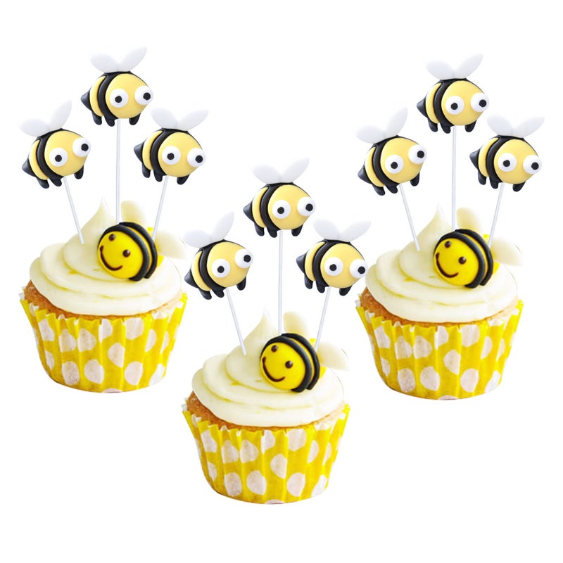 Ephlyn 24Pcs Bumble Bee Cupcake Toppers Little Figurine Bee Cupcake Picks Oh Babee Cake Decorations for Bee Theme Baby Shower Kids Boys Girls Birthday Party Decoration Supplies - Image 1