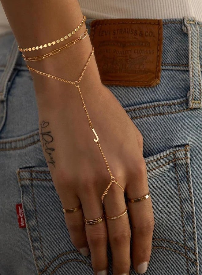 ASCONA Initial Hand Chain Bracelet for Women-14K Gold Plated Ring Bracelet Hand Chain for Women Trendy,Dainty Letter A-Z Link Charm Stack Bracelets Set Jewelry Gifts - Image 4