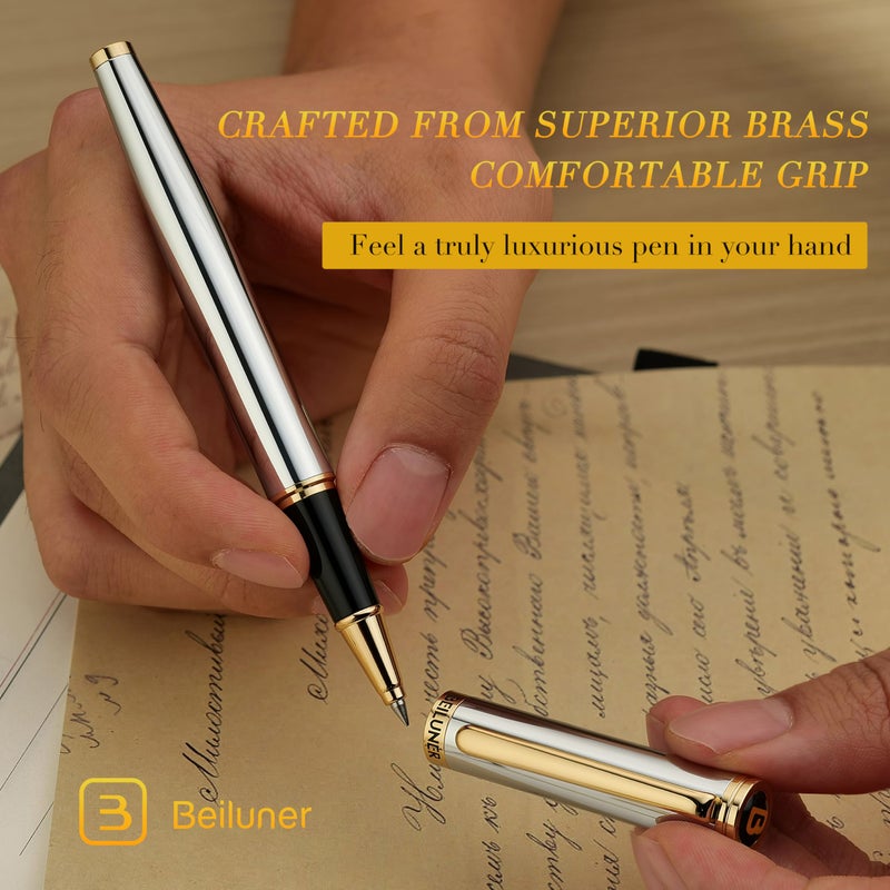 BEILUNER Luxury Rollerball Pen, Stunning Silver Chrome with 24K Gold Finish,Noble and Elegant Designs,Schneider Ink Refill, Best Gift Pen for Men & Women, Professional, Executive Office, Fancy Pens - Image 4