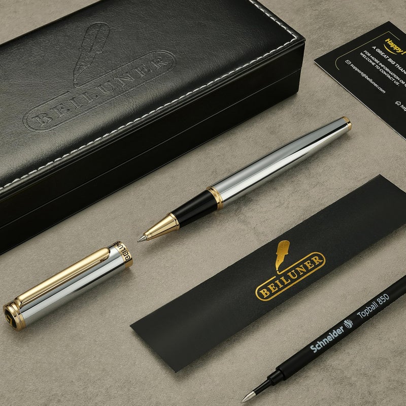 BEILUNER Luxury Rollerball Pen, Stunning Silver Chrome with 24K Gold Finish,Noble and Elegant Designs,Schneider Ink Refill, Best Gift Pen for Men & Women, Professional, Executive Office, Fancy Pens - Image 2
