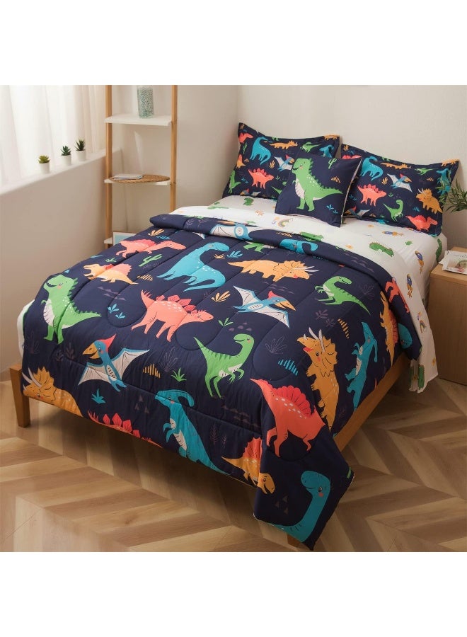 lishjekee Dinosaur Comforter Set Twin for Boys 6Pieces Dinosaur Bed in A Bag for Kids Jungle Dino Bedding Set Navy Blue T-Rex Dinosaur Comforter and Sheets Set Dino Bed Sets Home Decor  - Image 3